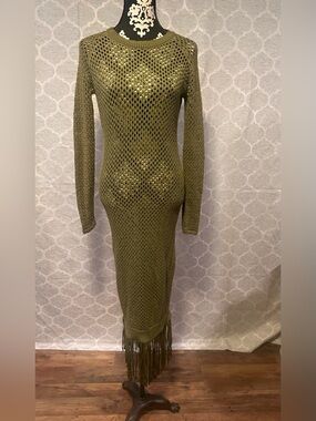 YOHERS NWT Olive Green Openknit/Crochet Fringe Long-Sleeve bodycon Dress Sz L